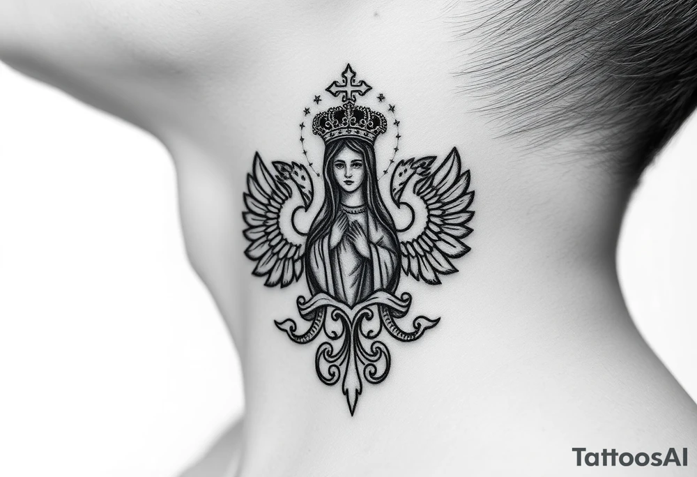 russian coat arms in a christian orthodox style virgin mary on the side of the neck tattoo idea