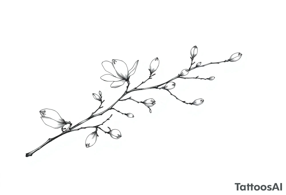 Magnolia branch long with different small half opened flowers, botanical details tattoo idea
