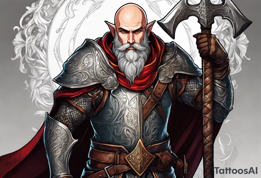 a full-body picture of a 30-year-old, human elf, bearded bald male, paladin, holding a battle axe, tattoo idea