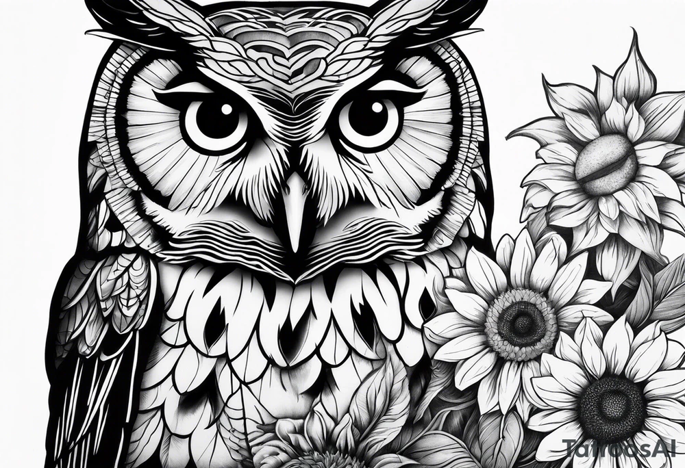 Arm sleeve with owl and sunflower tattoo idea