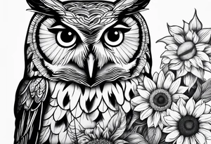 Arm sleeve with owl and sunflower tattoo idea