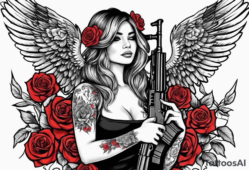Beautiful angle standing with wings and tattoos surrounded by roses holding a ak 47 tattoo idea
