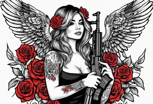 Beautiful angle standing with wings and tattoos surrounded by roses holding a ak 47 tattoo idea