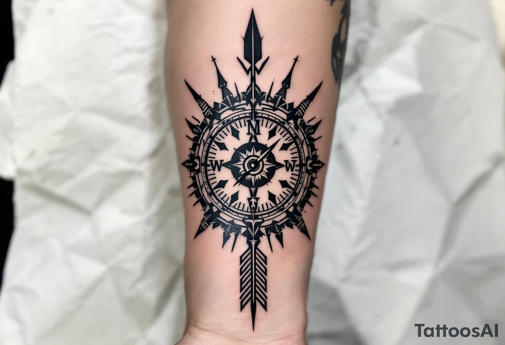 Rustic half compass half clock with and long native American arrow pointing at my wrist with the words “True North” tattoo idea