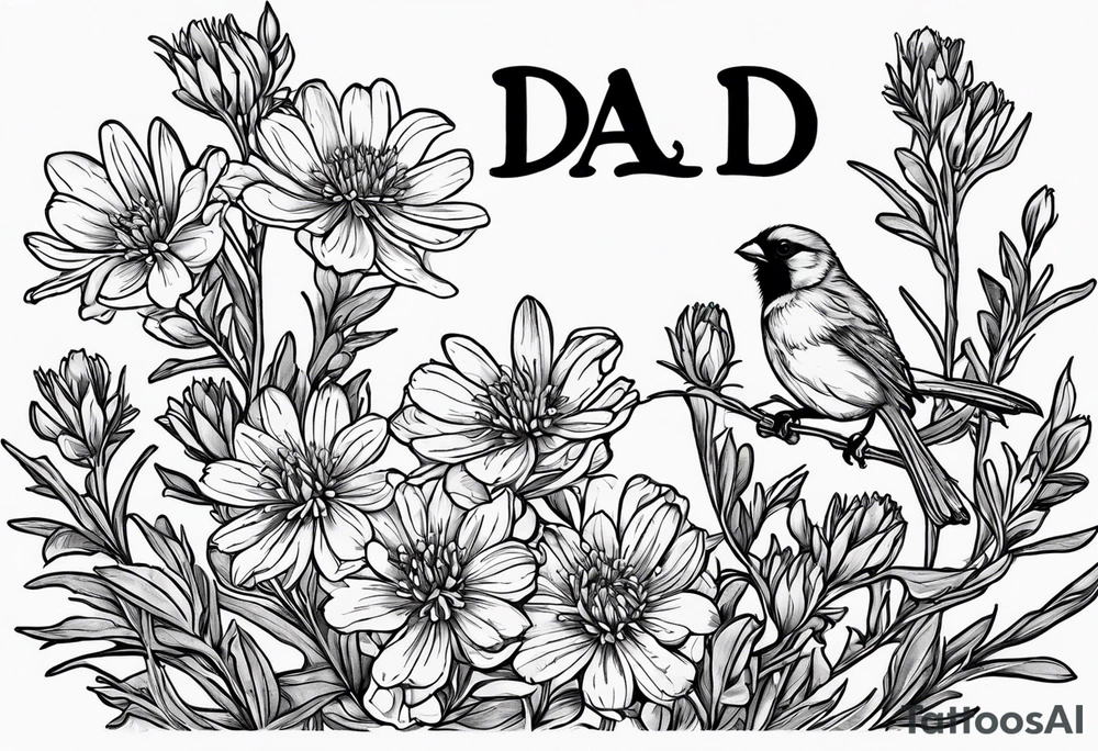 Aster flowers - sea rocket flowers with a cardinal around the words Dad tattoo idea
