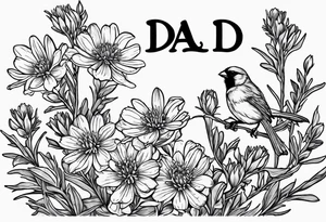 Aster flowers - sea rocket flowers with a cardinal around the words Dad tattoo idea