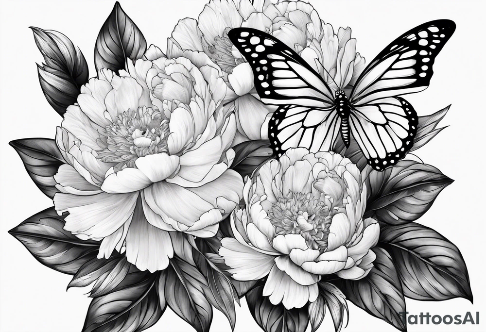 3 peonies with butterfly tattoo idea