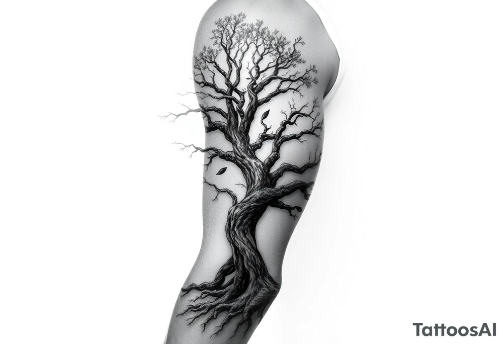 Arm sleeve, tree with limbs wrapping around, negative space tattoo idea