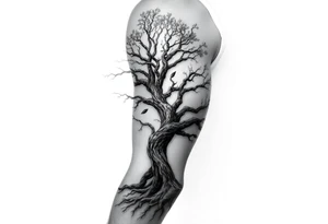 Arm sleeve, tree with limbs wrapping around, negative space tattoo idea