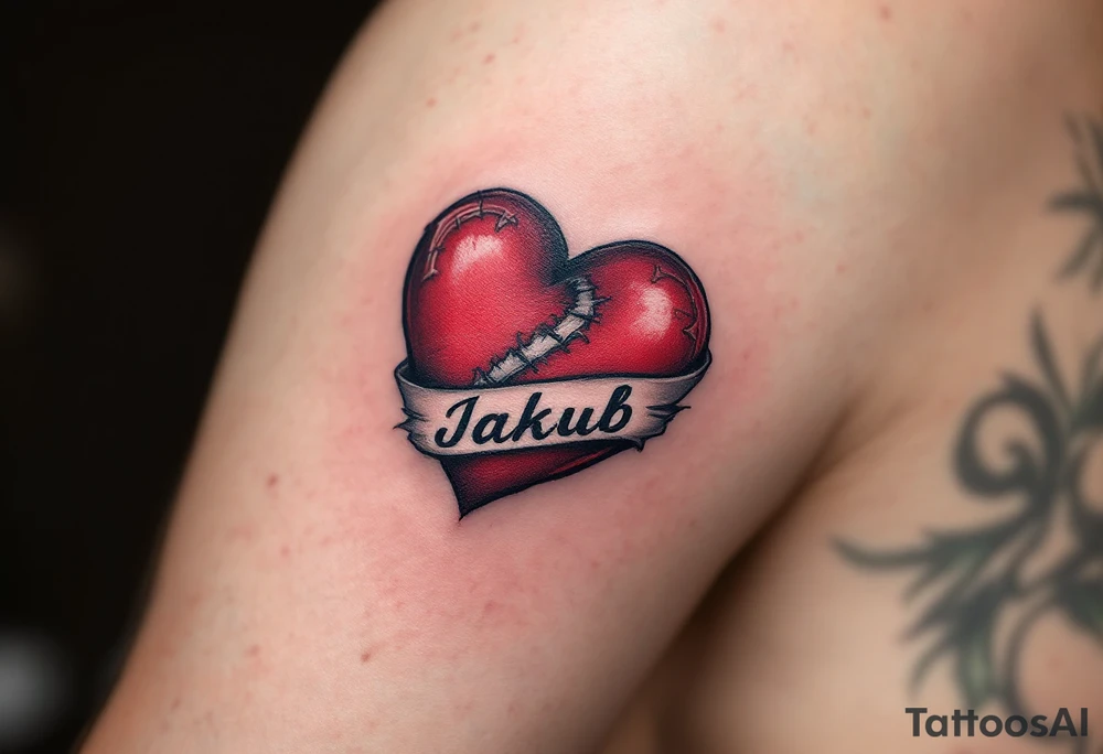 A tattoo of a stitched heart in crimson with Jakub written across the seam. tattoo idea