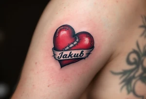 A tattoo of a stitched heart in crimson with Jakub written across the seam. tattoo idea