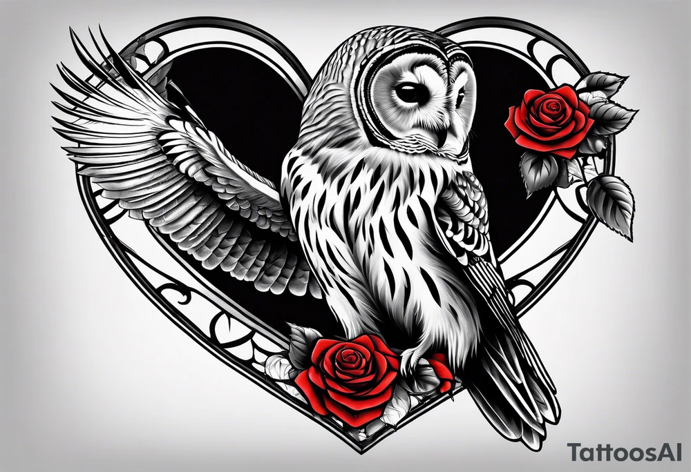 Barred owl with a rose and a heart tattoo idea