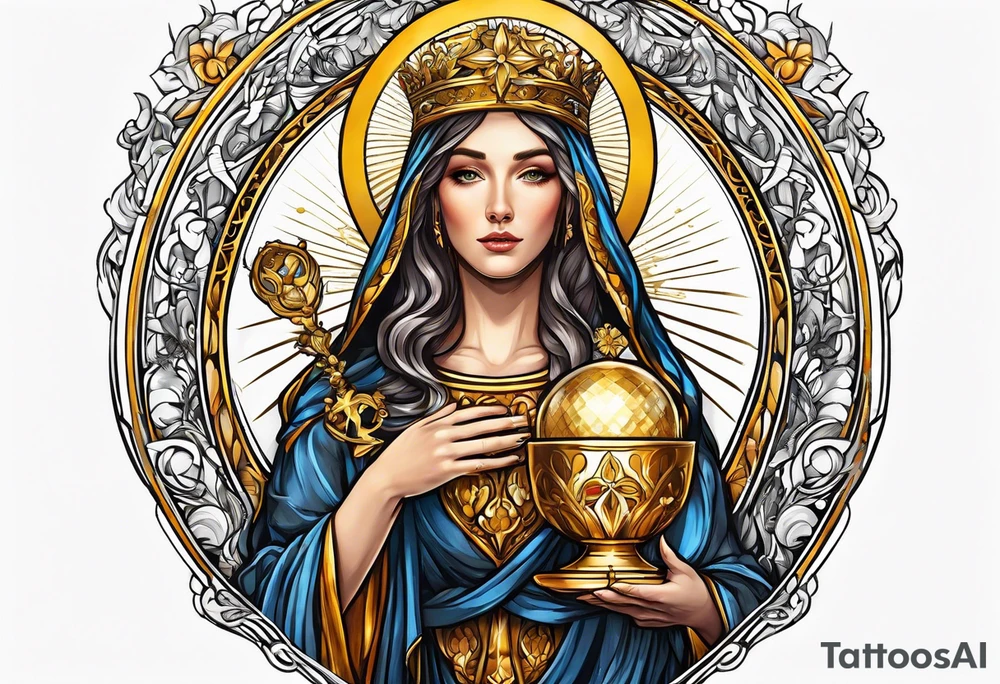 holy saint woman with golden halo holding a chalice tattoo idea