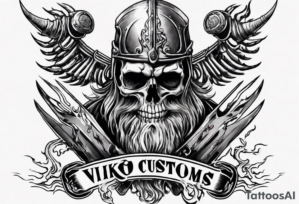 i want a tattoo of a big viking skeleton riding a motorcycle with flames and I want the words “Viking Customs” incorporated into the design tattoo idea