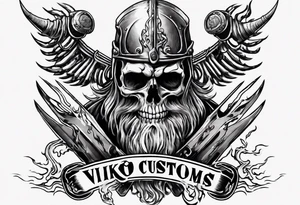 i want a tattoo of a big viking skeleton riding a motorcycle with flames and I want the words “Viking Customs” incorporated into the design tattoo idea