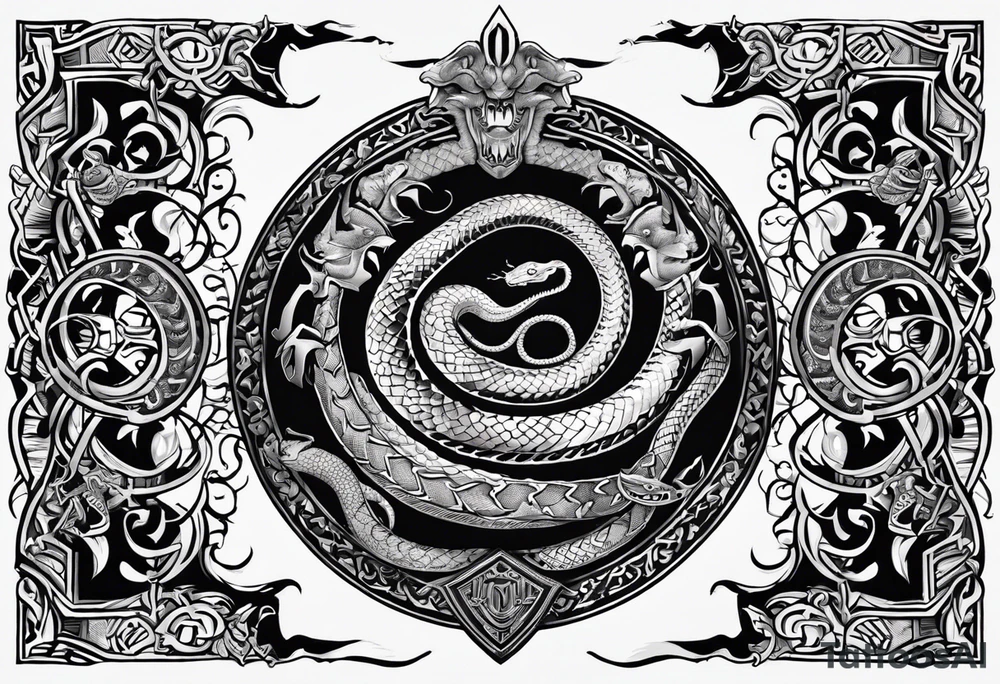 A shield adorned with coiled snakes and scorpions underneath. Bold outlines for the shield and creatures, with detailed patterns. Delicately depict the scales of snakes and the segmented bodies of scorpions. Integrate the creatures harmoniously with the overall design. tattoo idea