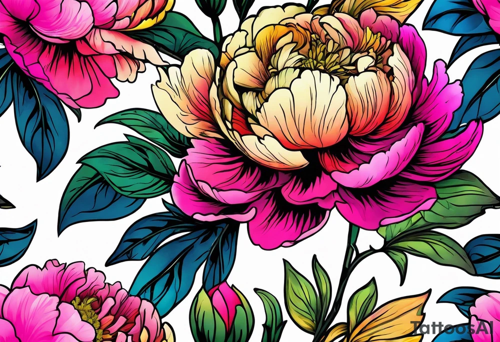 beautiful. colorful, neon, multicolored peony, white background, highly detailed, new school, new school style, street style, streetwear, urban wear, partially bloomed tattoo idea