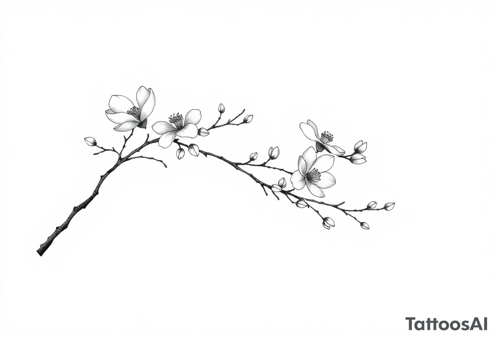 Graceful long magnolia branch with small flowers in early blossom stage tattoo idea