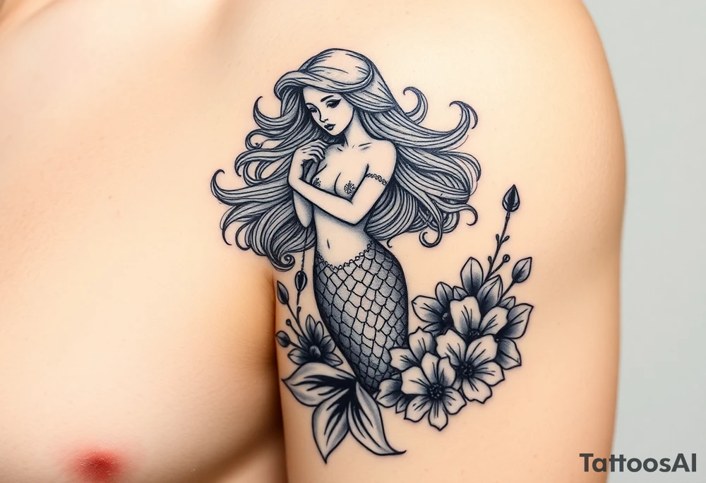 ethereal mermaid with flowing hair among coral and sea flowers tattoo idea