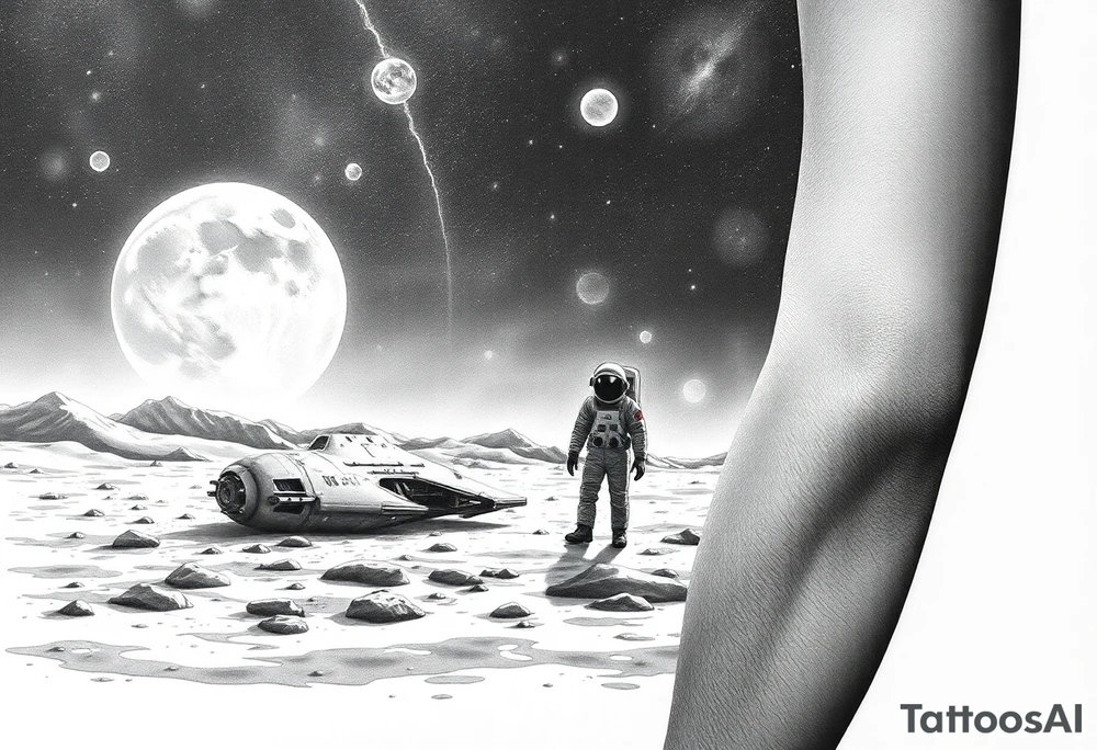 Full sleeve tattoo design for the right forearm, in realistic black and grey style.
The scene shows a lonely astronaut standing on the surface of an unknown planet, similar to the Moon’s landscape.
In front of him stretches a vast, mysterious universe filled with glowing planets, stars, and cosmic nebula light.
A few meters beside him lies a crashed and smoking spaceship, broken and damaged, showing clear signs of impact.
The image represents loneliness and survival — the moment when the astronaut realizes he is completely alone in an unfamiliar world.
The atmosphere should feel melancholic, cinematic, and deeply emotional, combining realism with fantasy.
Fine shading, detailed textures, and strong light-shadow contrast, designed to wrap naturally around the right forearm. tattoo idea