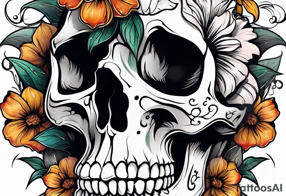 skull with one flower growing out of its head tattoo idea