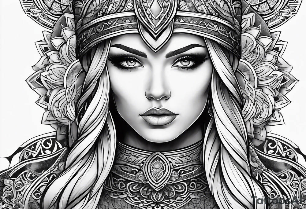 Viking, feminine warrior, mandala, bedroom eyes, headshot, closeup tattoo idea