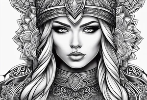 Viking, feminine warrior, mandala, bedroom eyes, headshot, closeup tattoo idea