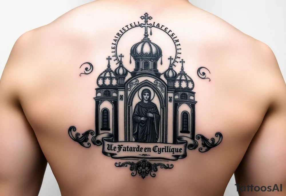 Vierge de kazan sur église russe orthodoxe et inscription en cyrillique tattoo idea