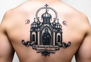 Vierge de kazan sur église russe orthodoxe et inscription en cyrillique tattoo idea