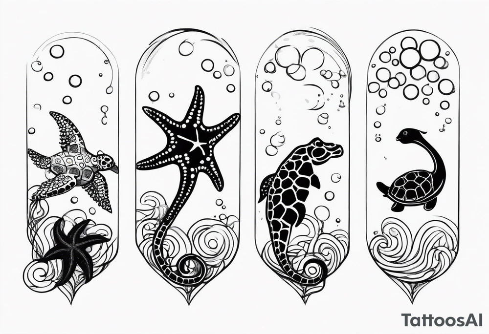 Small Starfish, Seahorse and turtle in a vertical line with bubbles tattoo idea Small Starfish, Seahorse and turtle in a vertical line with bubbles tattoo idea
