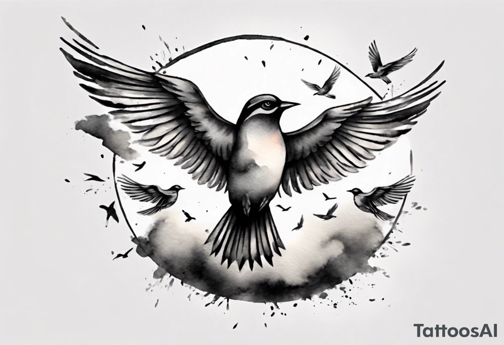 shoulder tattoo with light rays with birds flying free among the clouds, round shape, 3d effect tattoo idea shoulder tattoo with light rays with birds flying free among the clouds, round shape, 3d effect tattoo idea