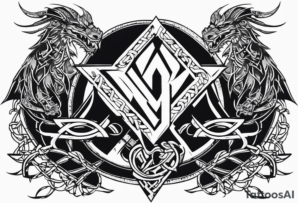 Valhalla sword shield dragon axe Valknut barbed wire chains tribal tattoo idea Valhalla sword shield dragon axe Valknut barbed wire chains tribal tattoo idea