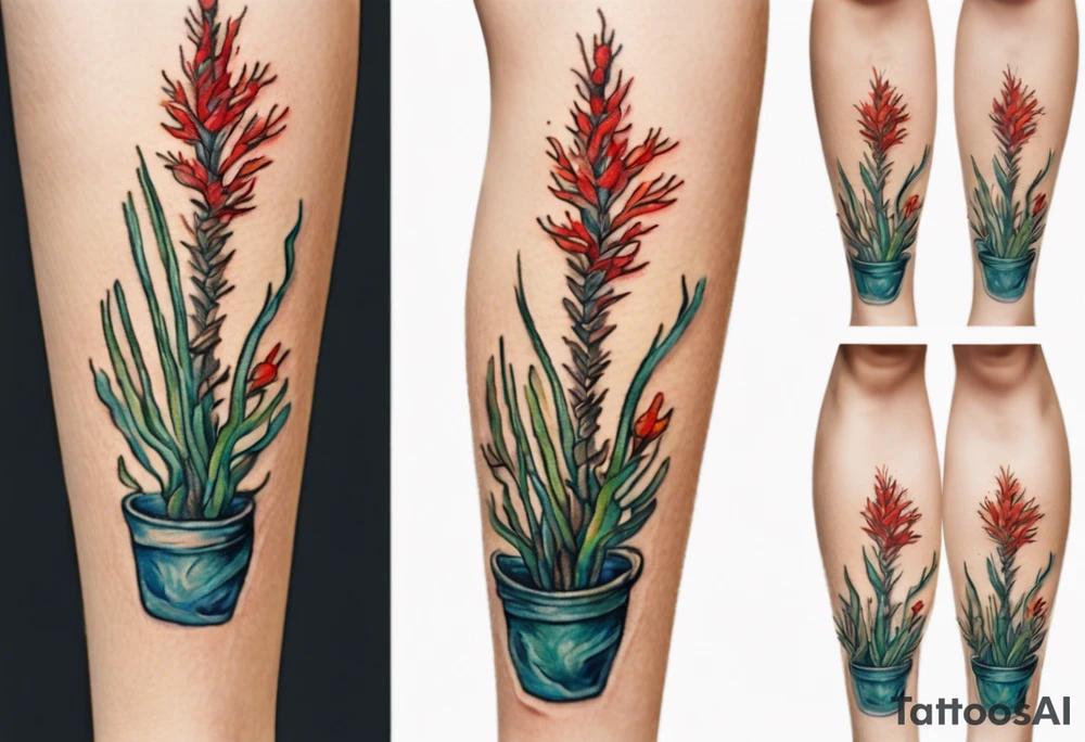 Small tattoo of ocotillo plant on the leg of  a woman, Van Gogh style, vibrant colors, high quality, Van Gogh style, vibrant colors, detailed, professional, atmospheric lighting tattoo idea