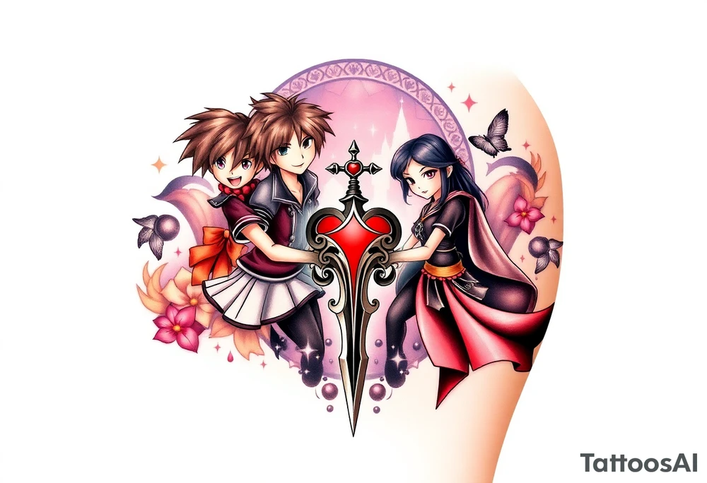 Kingdom Hearts tattoo design featuring sora, kairi, riku, donald and goofy from the game, together in a dynamic, united pose. The centerpiece should include the Heartless Keyblade, with a beautiful and ethereal Kingdom Hearts-inspired background—think glowing stars, floating islands, and stained-glass elements in backroung. The design should capture themes of friendship, light vs. darkness, and adventure. Style should be detailed, fantasy-oriented, and suitable for a large piece tattoo idea
