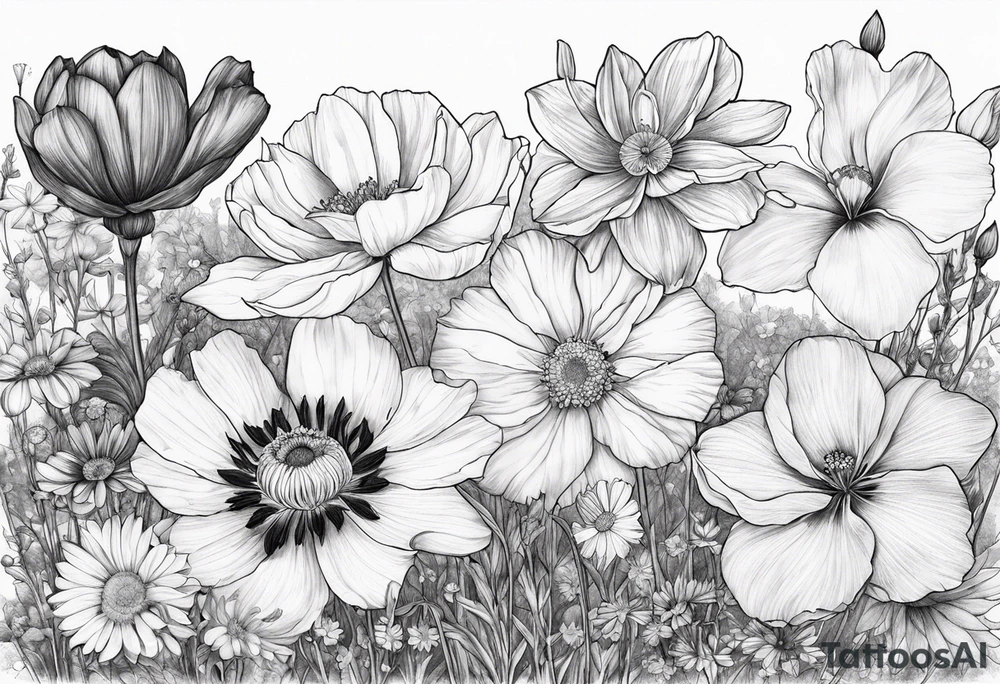 1 cosmos flower, 1 iris, 1 larkspur, 1 daisy, 1 poppy tattoo idea