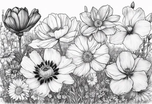 1 cosmos flower, 1 iris, 1 larkspur, 1 daisy, 1 poppy tattoo idea
