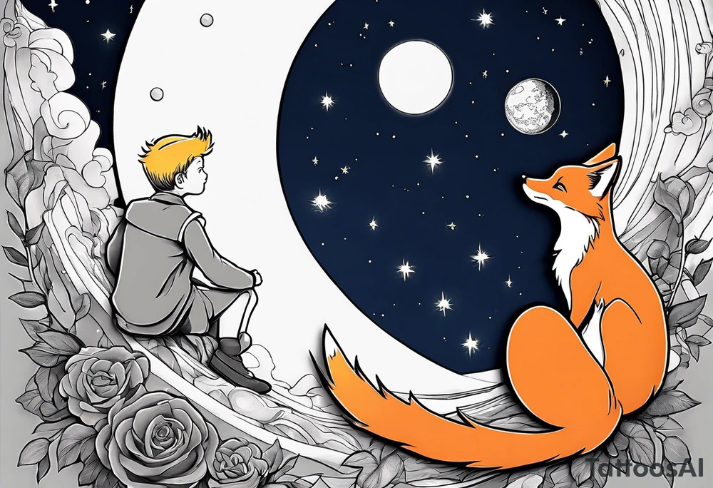 The Little prince sitting on his planet toghether with the fox on his planet besides his rose. Both are watching into the sky tattoo idea