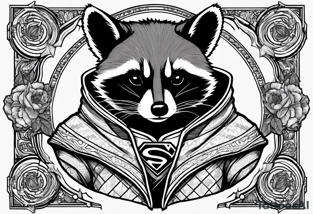 raccoon wearing a Superman hoodie tattoo idea