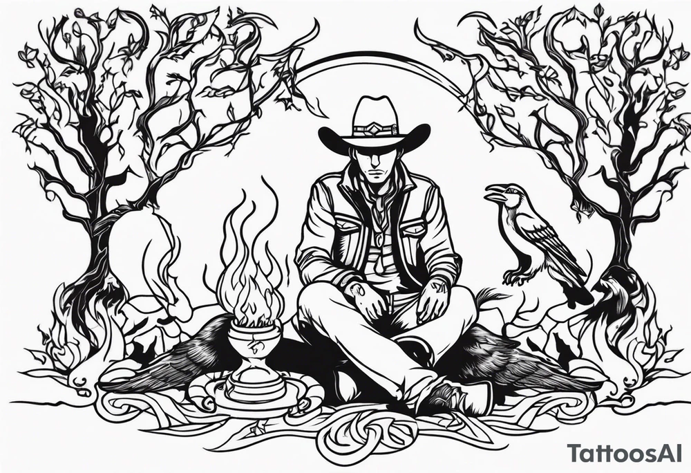 ghostly cowboy sitting in front of a fire with the tree of life behind him and a wolf and a raven tattoo idea