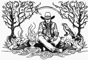 ghostly cowboy sitting in front of a fire with the tree of life behind him and a wolf and a raven tattoo idea