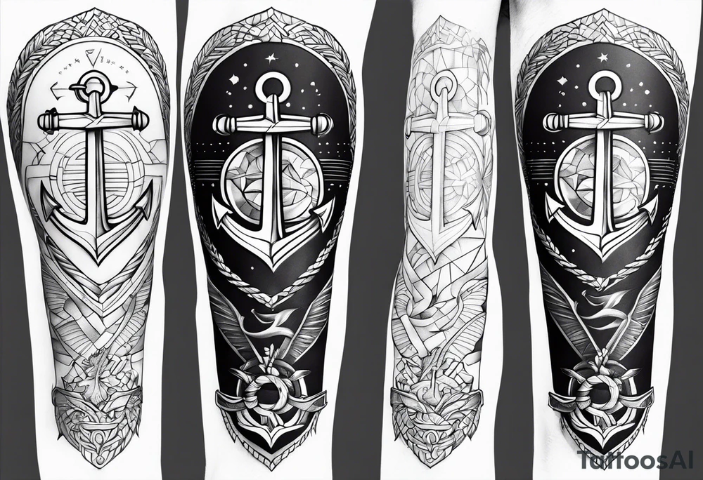 Anchor full leg sleeve male geometric tattoo idea