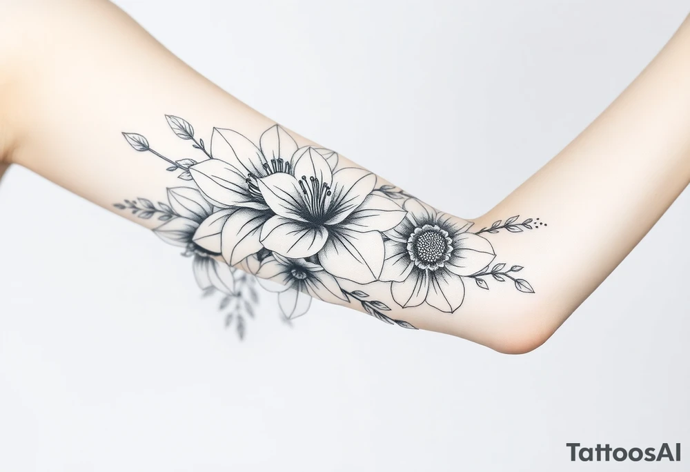 floral composition for sleeve of lycoris flowers with japanese vibe, mutiple ornemental patern and leaf, dot geometric ornement, tattoo idea