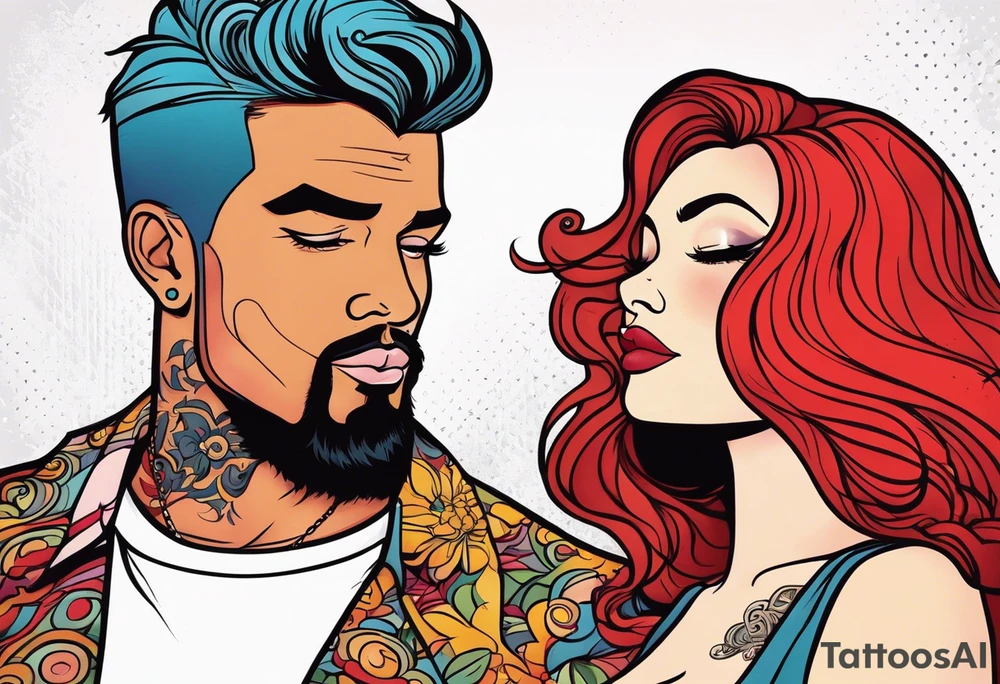 Busty Red haired woman with tall black haired man tattoo idea