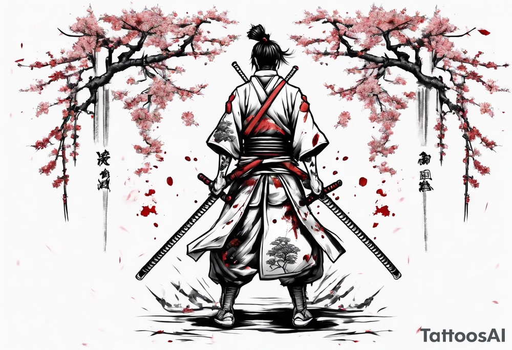 A samurai standing with his back among swords, he has a hole in his back and where the blood came from he saw sakura leaves tattoo idea