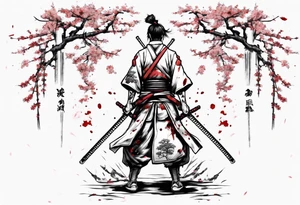 A samurai standing with his back among swords, he has a hole in his back and where the blood came from he saw sakura leaves tattoo idea