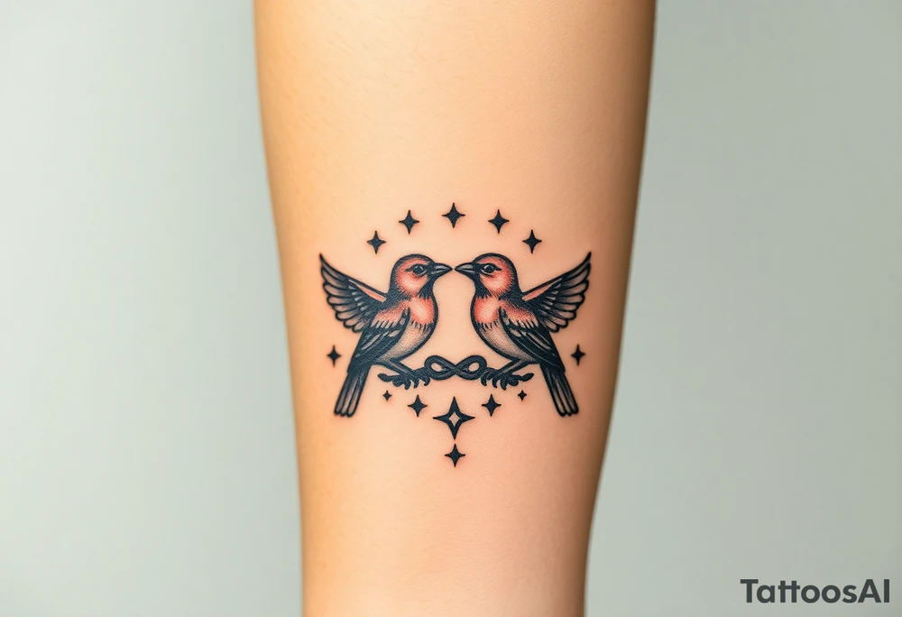 two birds sitting, stars and infinity theme tattoo idea