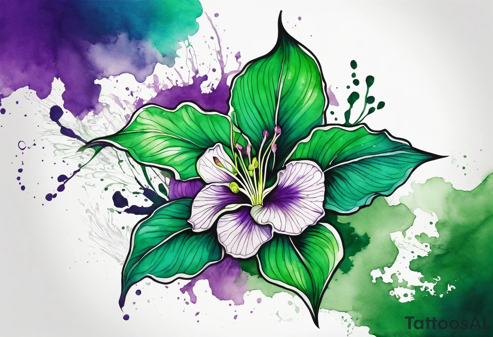 An outline of an only green rio dipladenia flower and a green and purple watercolor splash in the background tattoo idea