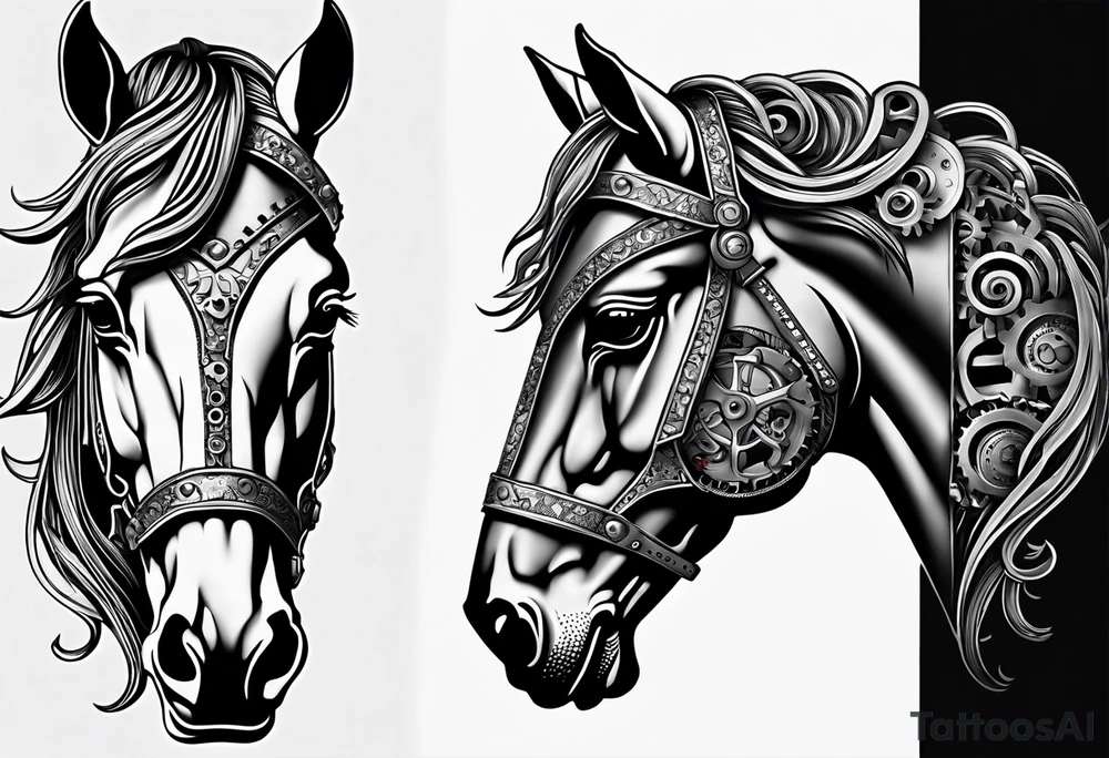 A horse head made fully out of gears tattoo idea