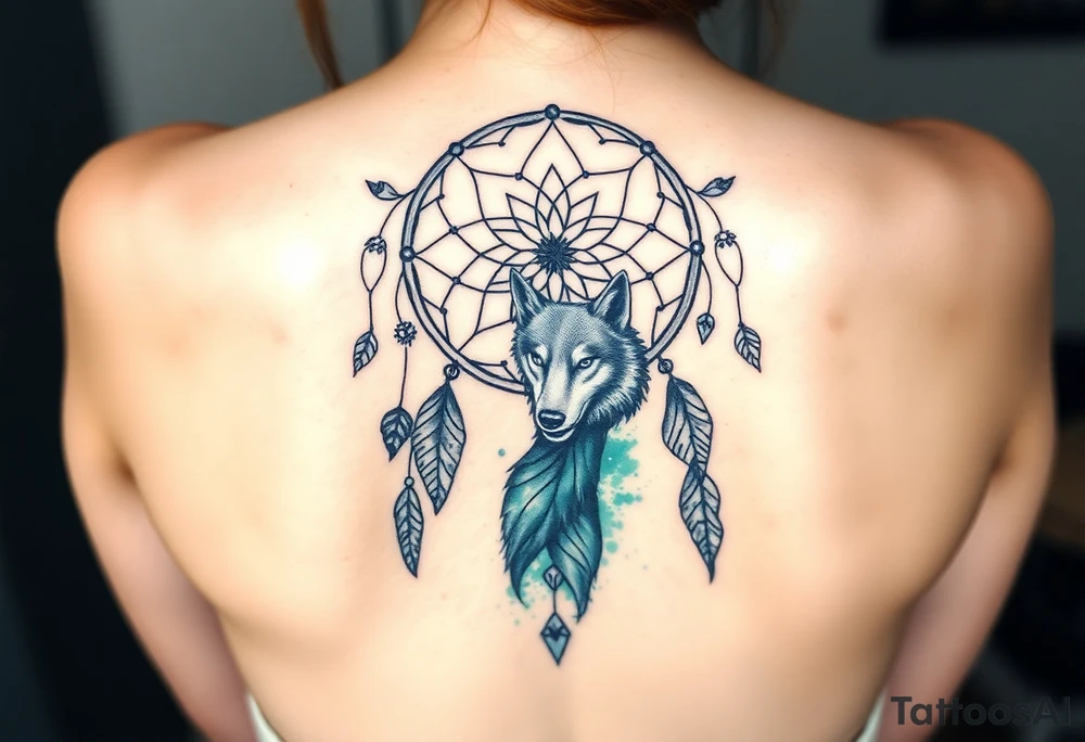 Dreamcatcher with zodiac symbols and protection runes caught in it with wolf teal tattoo idea