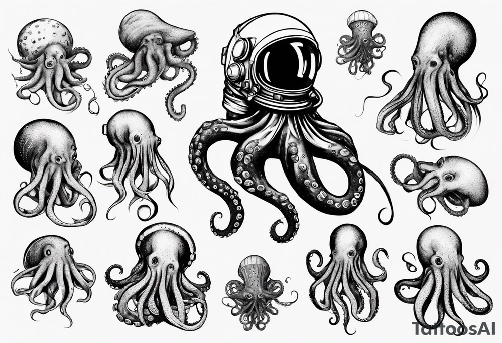 Astronaut wrapped up in an octopus’ tentacles tattoo idea
